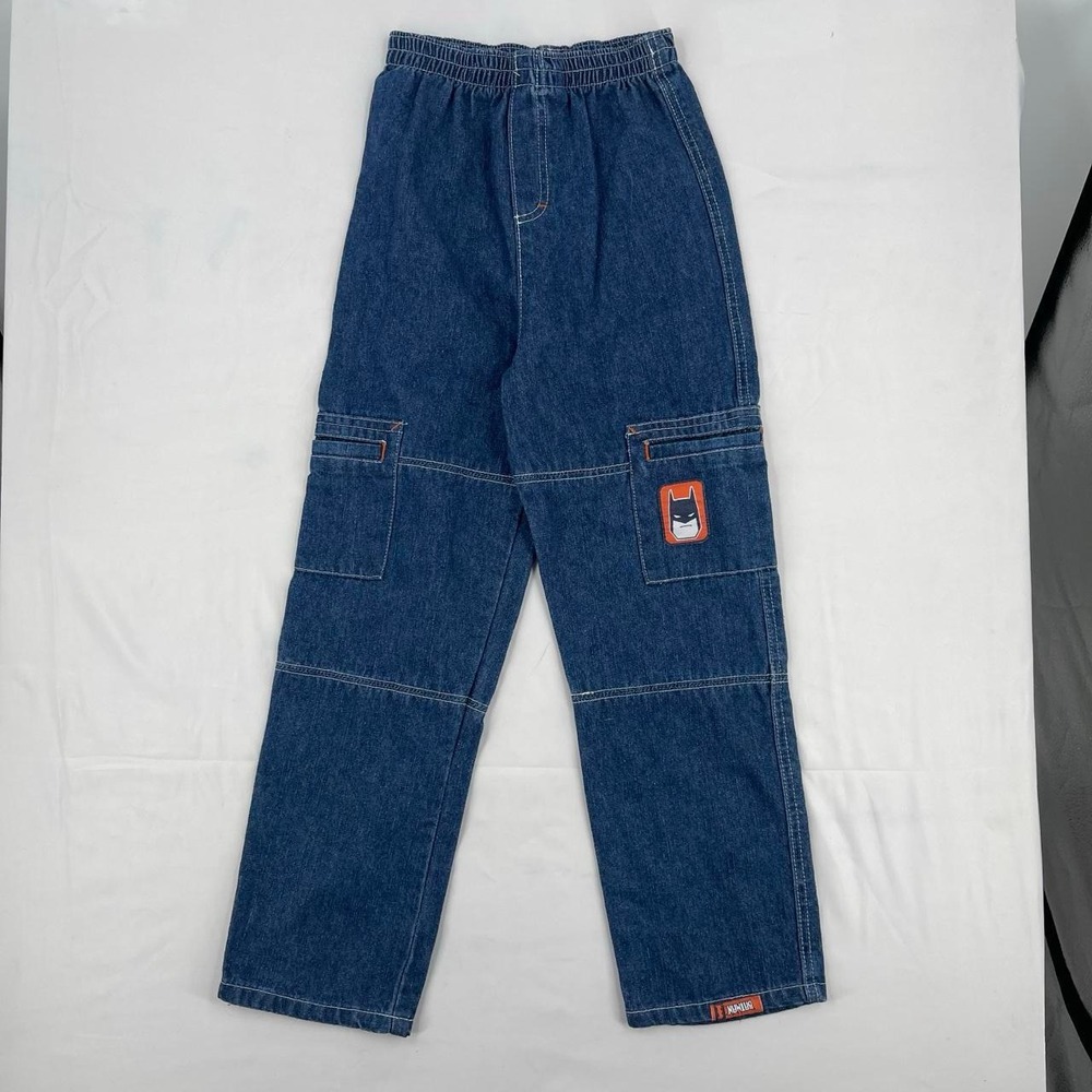 Vintage 90s Boy's Batman Denim Cargo Jeans Kid's 7 Retro Straight Leg Dark Wash